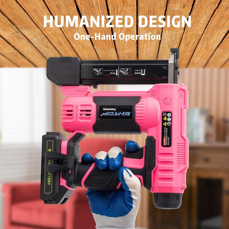 BHTOP 20V Cordless Brad Nailer＆Stapler, 18 Gauge 2 in 1 Stapler Kit, Heavy Finish Nail Gun with 2.0A Rechargeable Battery, Charger, 2500 Brad Nails and 500 Staples in Pink - Image 4